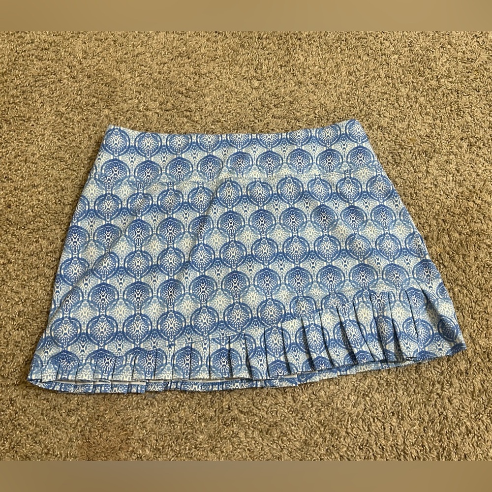 Sigrid Olsen Blue White Printed Mini Skirt Lined Box Pleat Skort Tennis Golf L